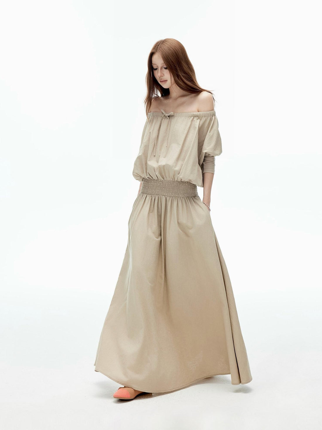 iamxiaa Off Shoulder Gathered Waist A Line Women&