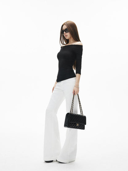 iamxiaa Off Shoulder Stretch Knit Slim Fit Women&