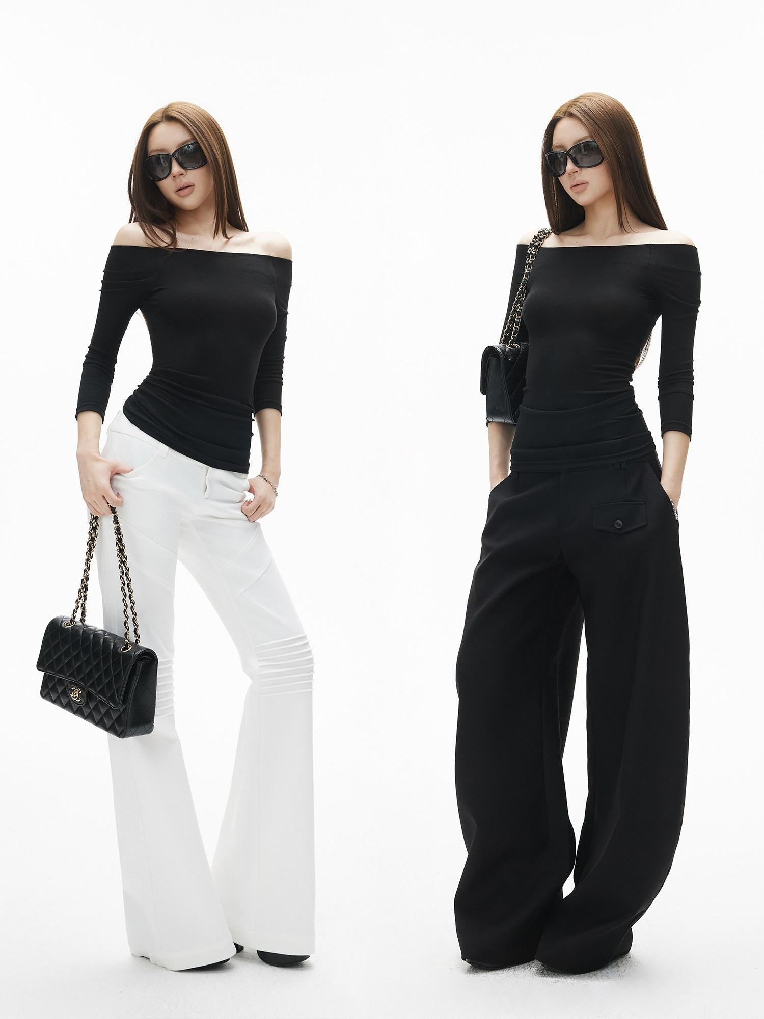 iamxiaa Off Shoulder Stretch Knit Slim Fit Women&