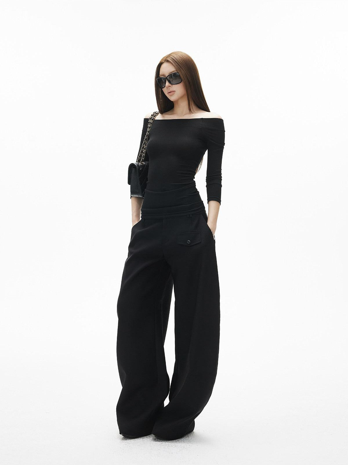 iamxiaa Off Shoulder Stretch Knit Slim Fit Women&