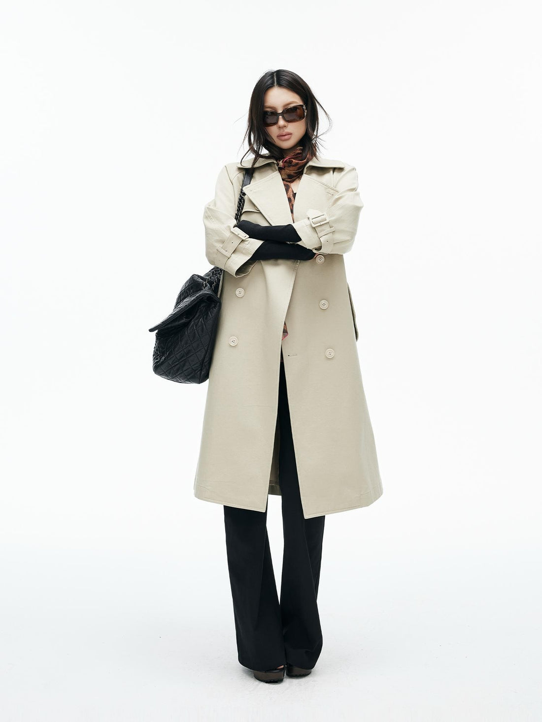 iamxiaa Oversized Double Breasted Wide Lapel Belted Micro A Line Long Women&