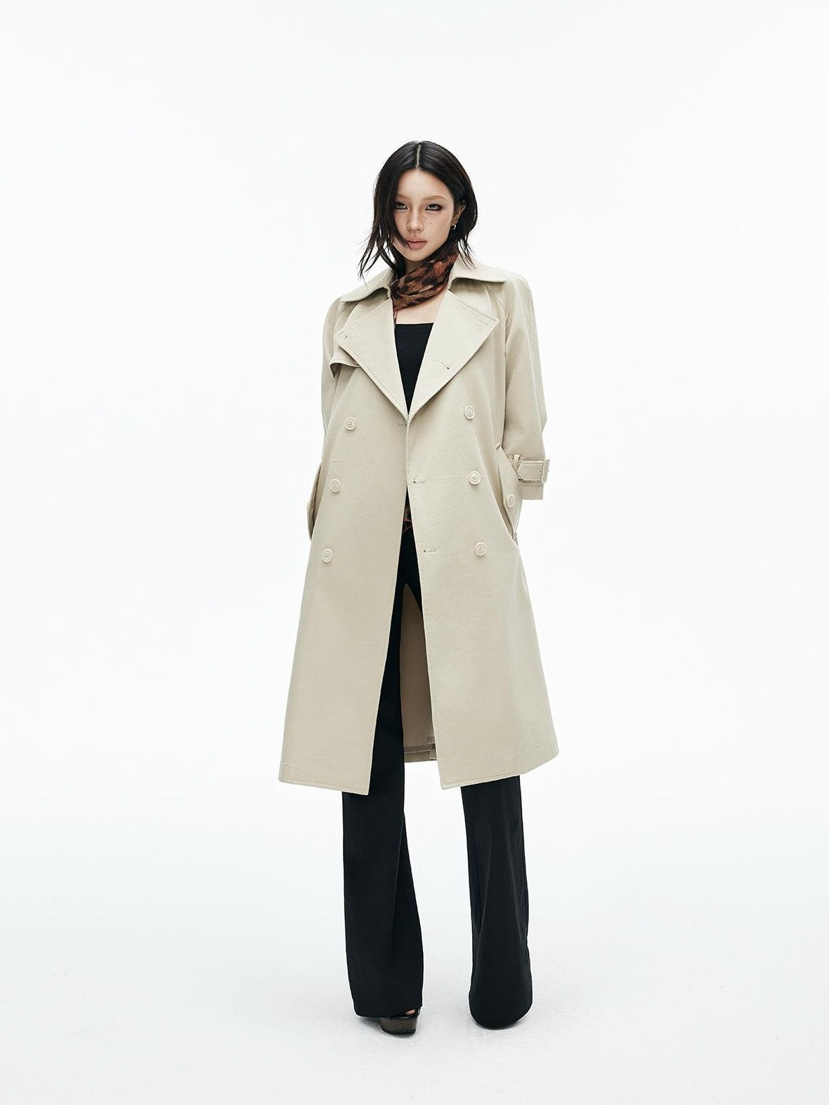 iamxiaa Oversized Double Breasted Wide Lapel Belted Micro A Line Long Women&