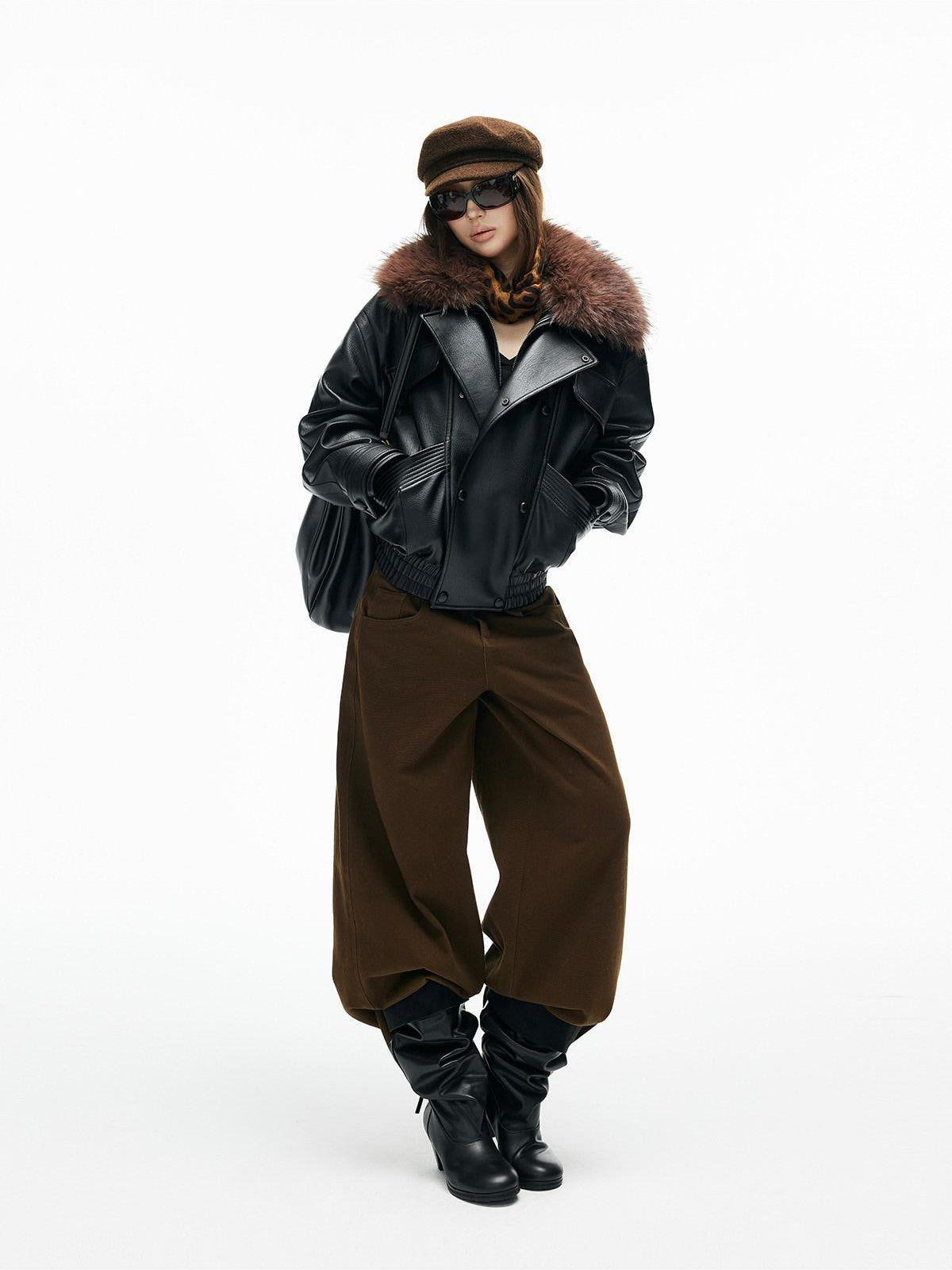 iamxiaa Pebbled Sherpa Quilted Shearling Collar Drop Shoulder Women&