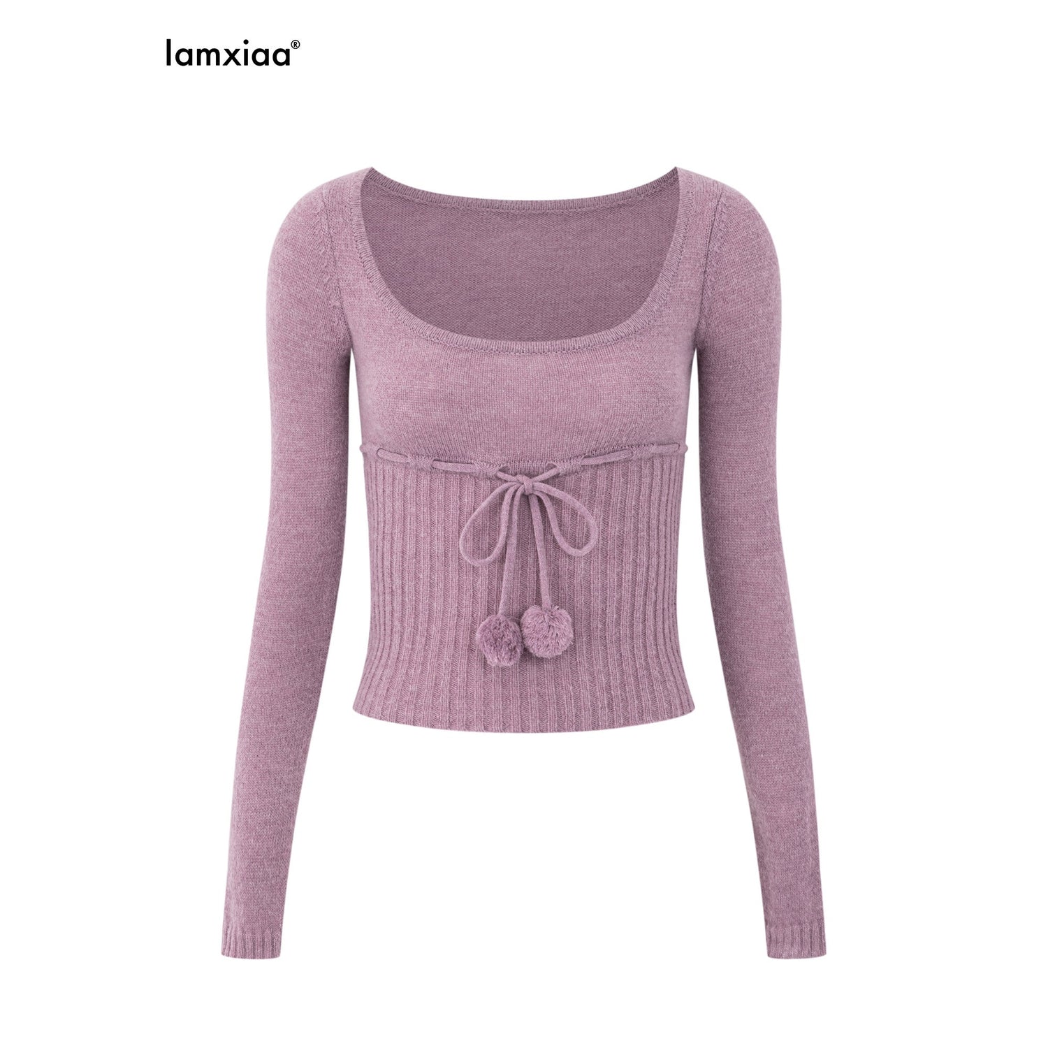iamxiaa_Pompom_U_Neck_Tie_Rib_Waist_Cropped_Slim_Women&