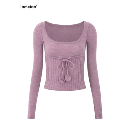 iamxiaa_Pompom_U_Neck_Tie_Rib_Waist_Cropped_Slim_Women&