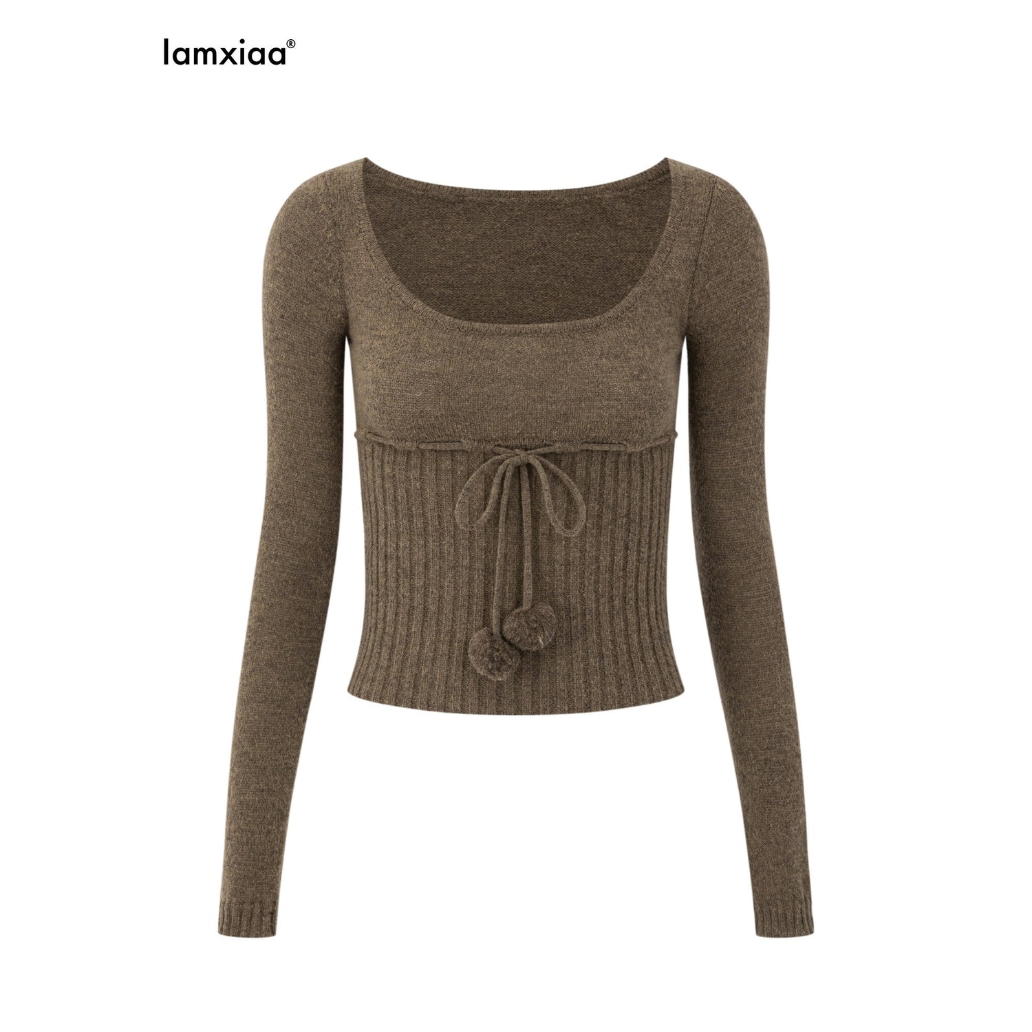 iamxiaa_Pompom_U_Neck_Tie_Rib_Waist_Cropped_Slim_Women&