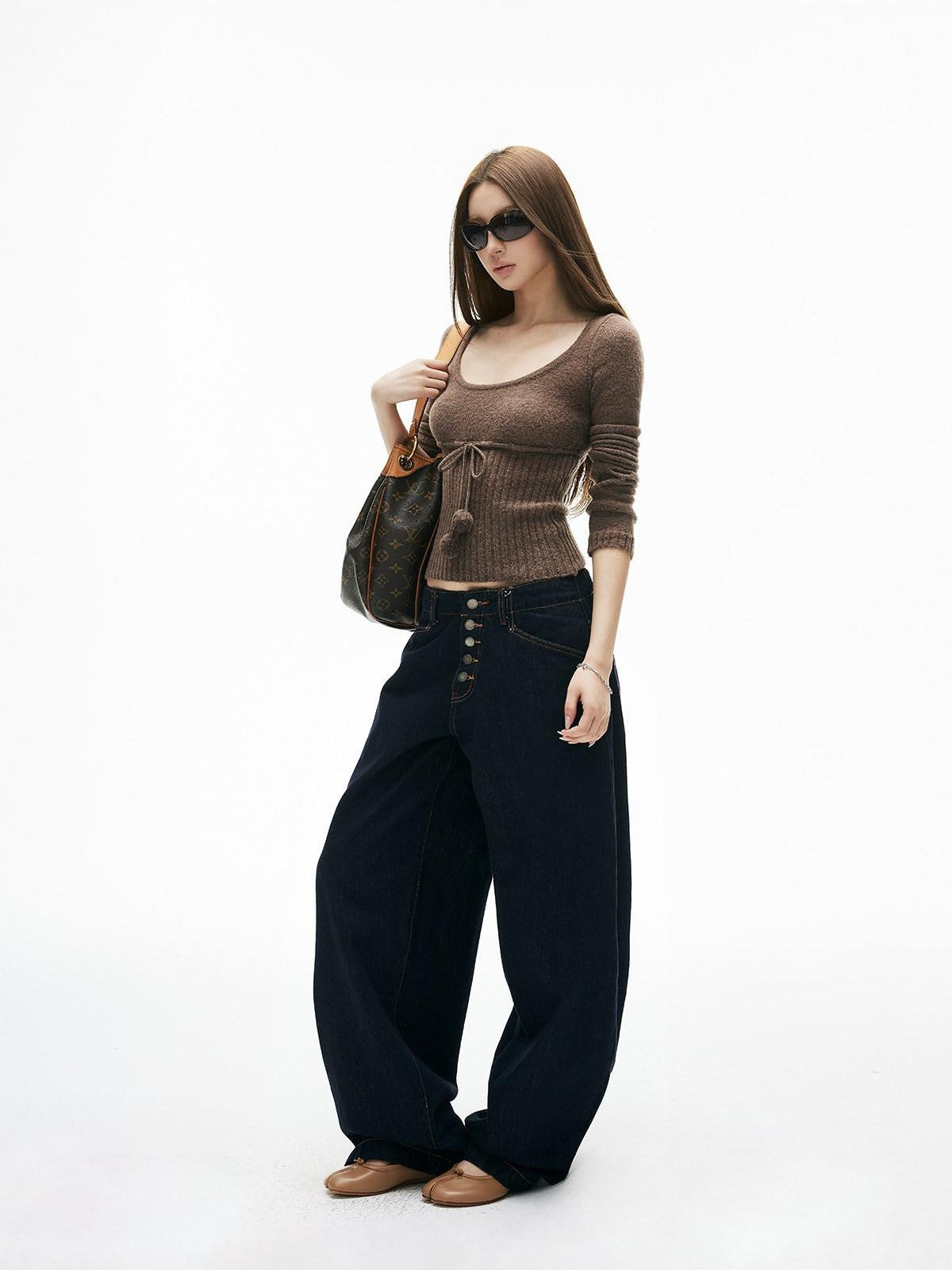 iamxiaa Pompom U Neck Tie Rib Waist Cropped Slim Women&