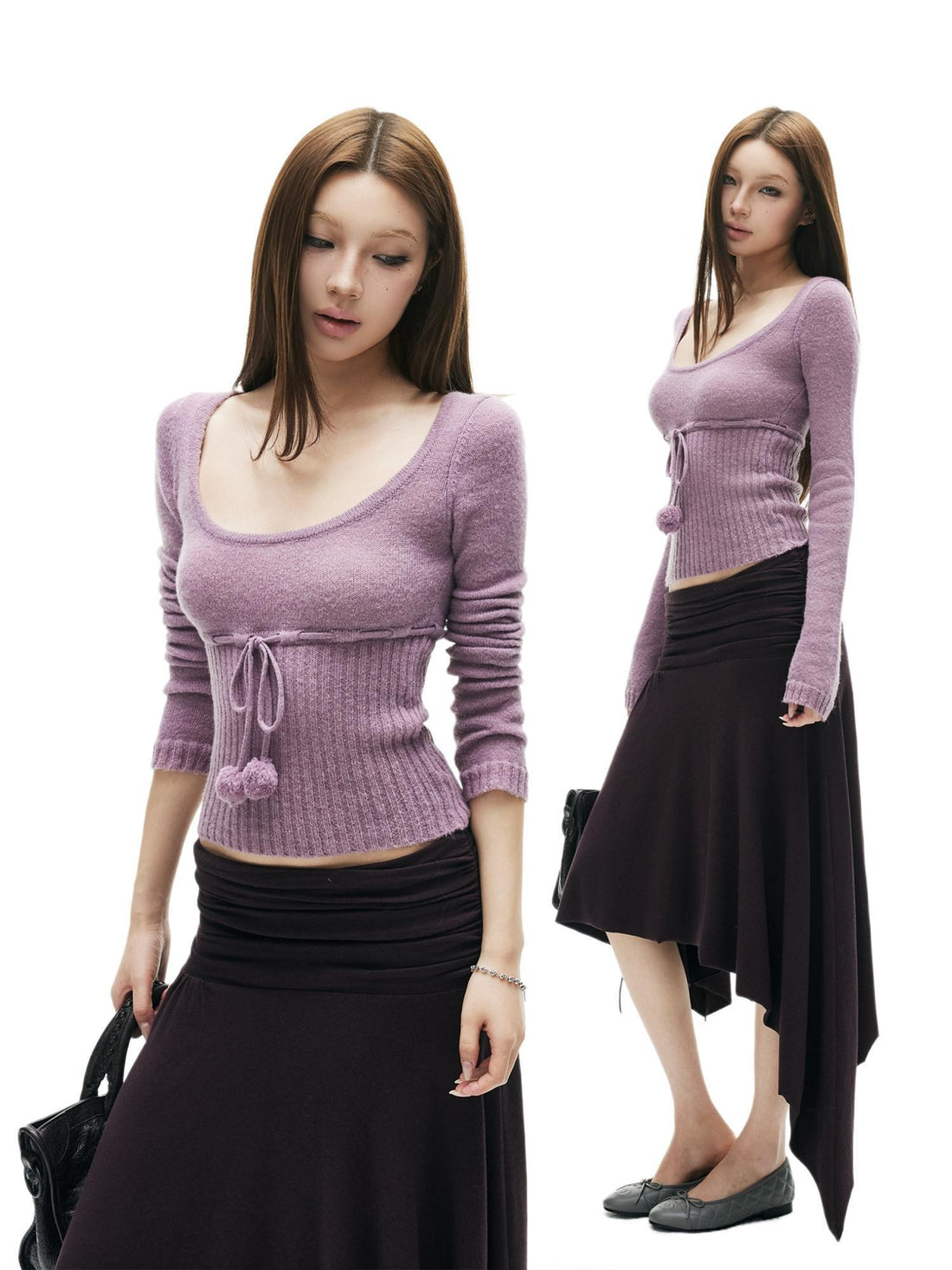 iamxiaa Pompom U Neck Tie Rib Waist Cropped Slim Women&