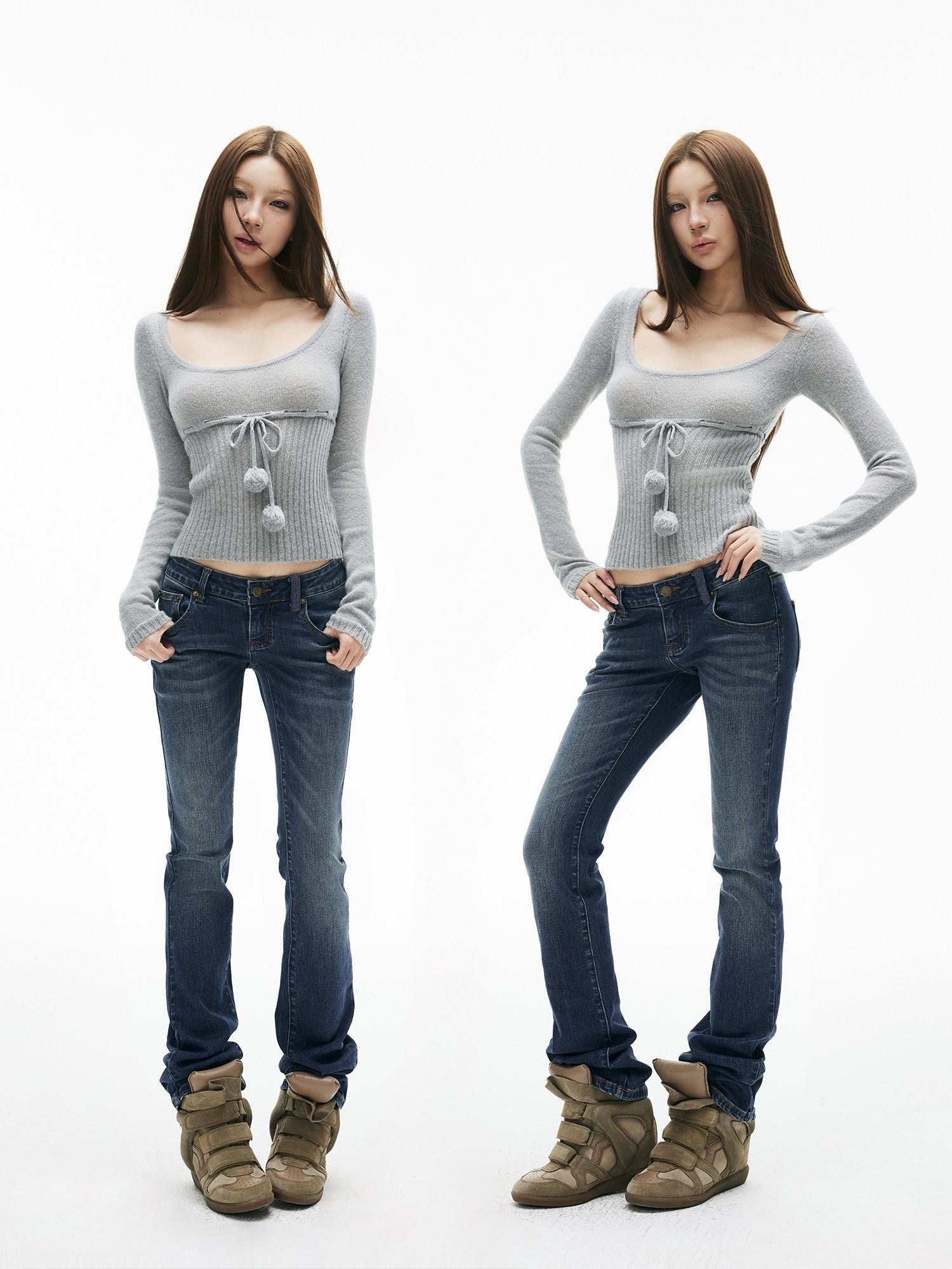 iamxiaa Pompom U Neck Tie Rib Waist Cropped Slim Women&