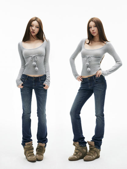 iamxiaa Pompom U Neck Tie Rib Waist Cropped Slim Women&
