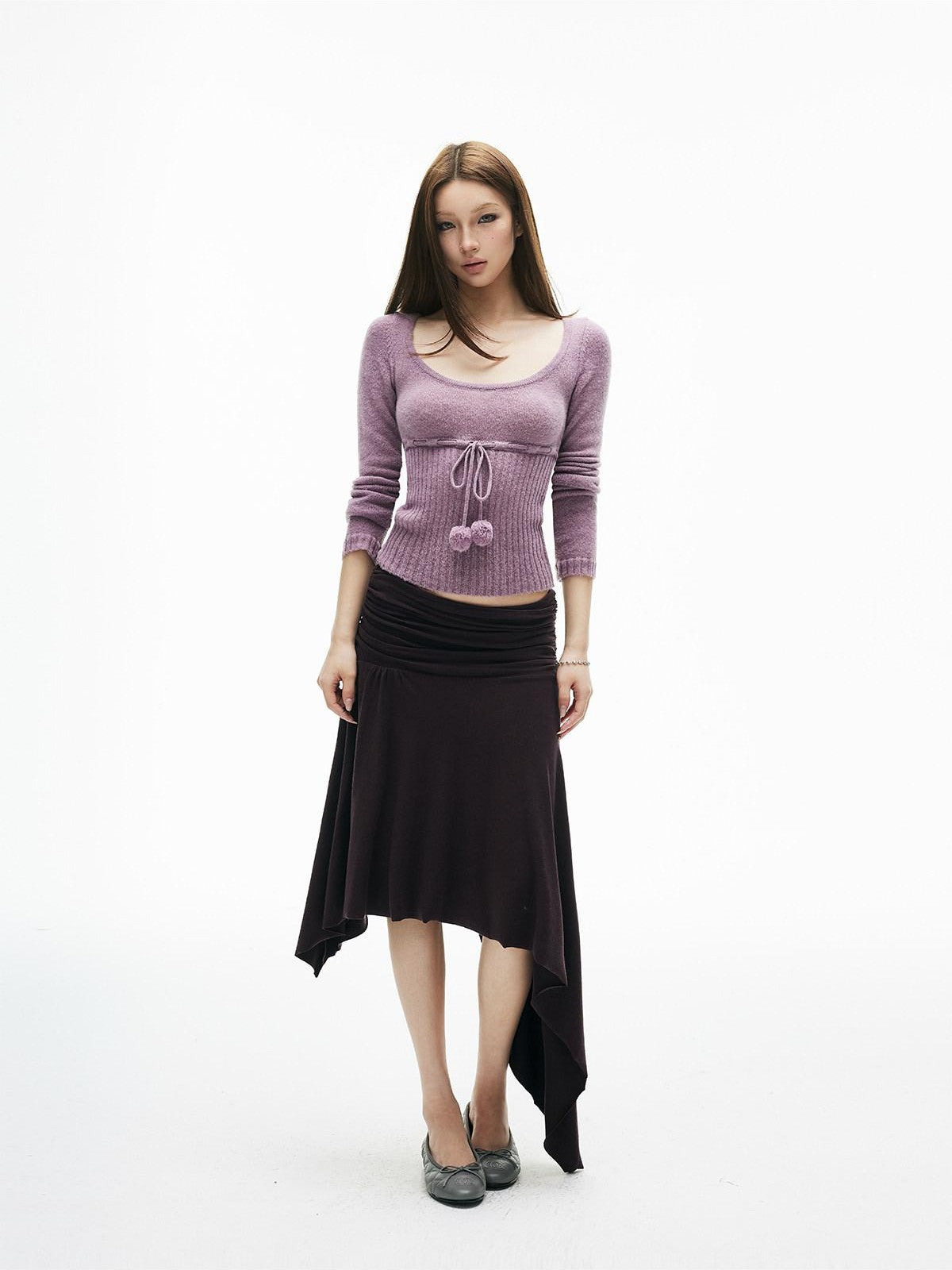 iamxiaa Pompom U Neck Tie Rib Waist Cropped Slim Women&