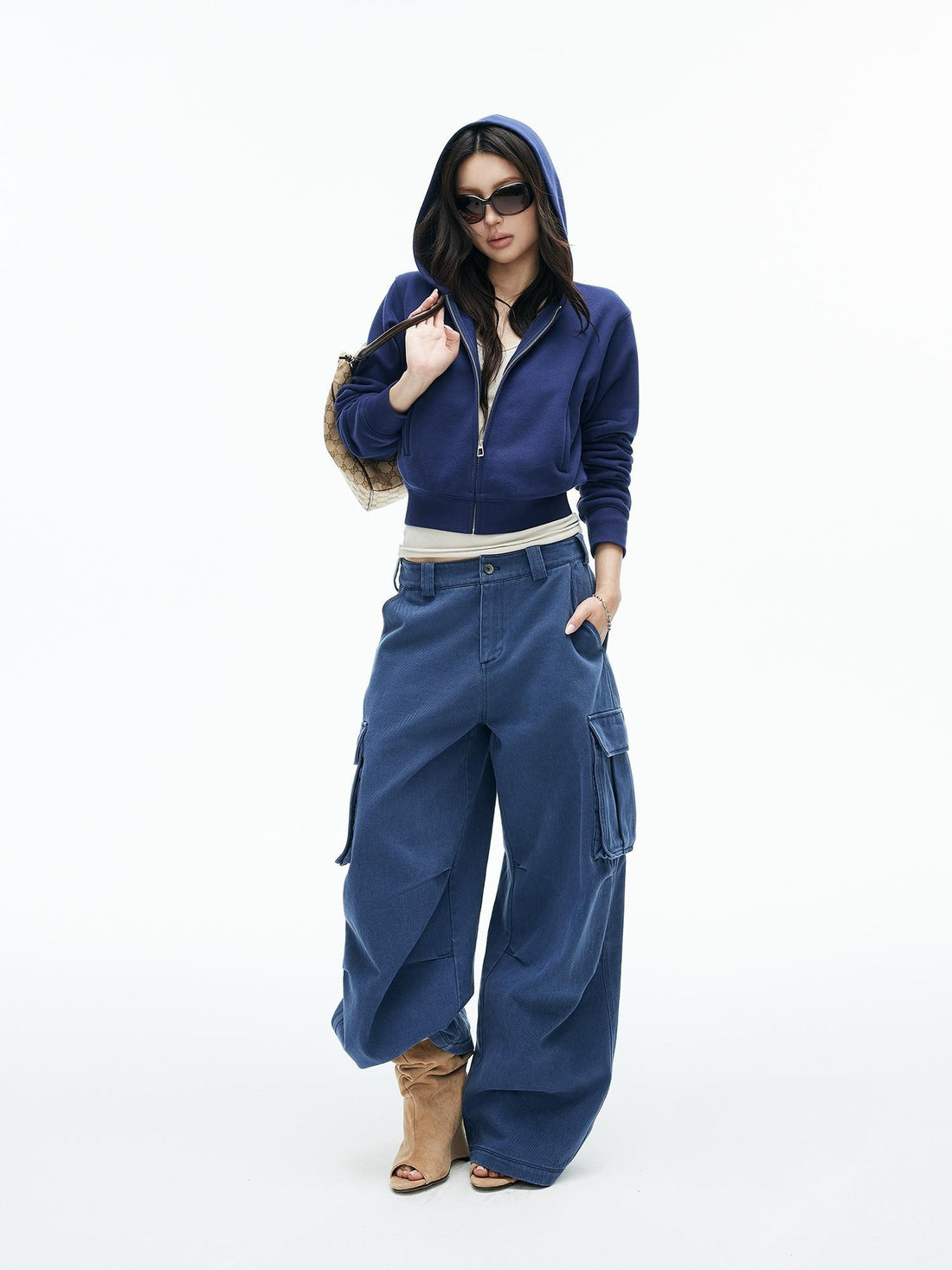 iamxiaa Prussian Blue Cropped Ribbed Hem Cotton Blend Women&