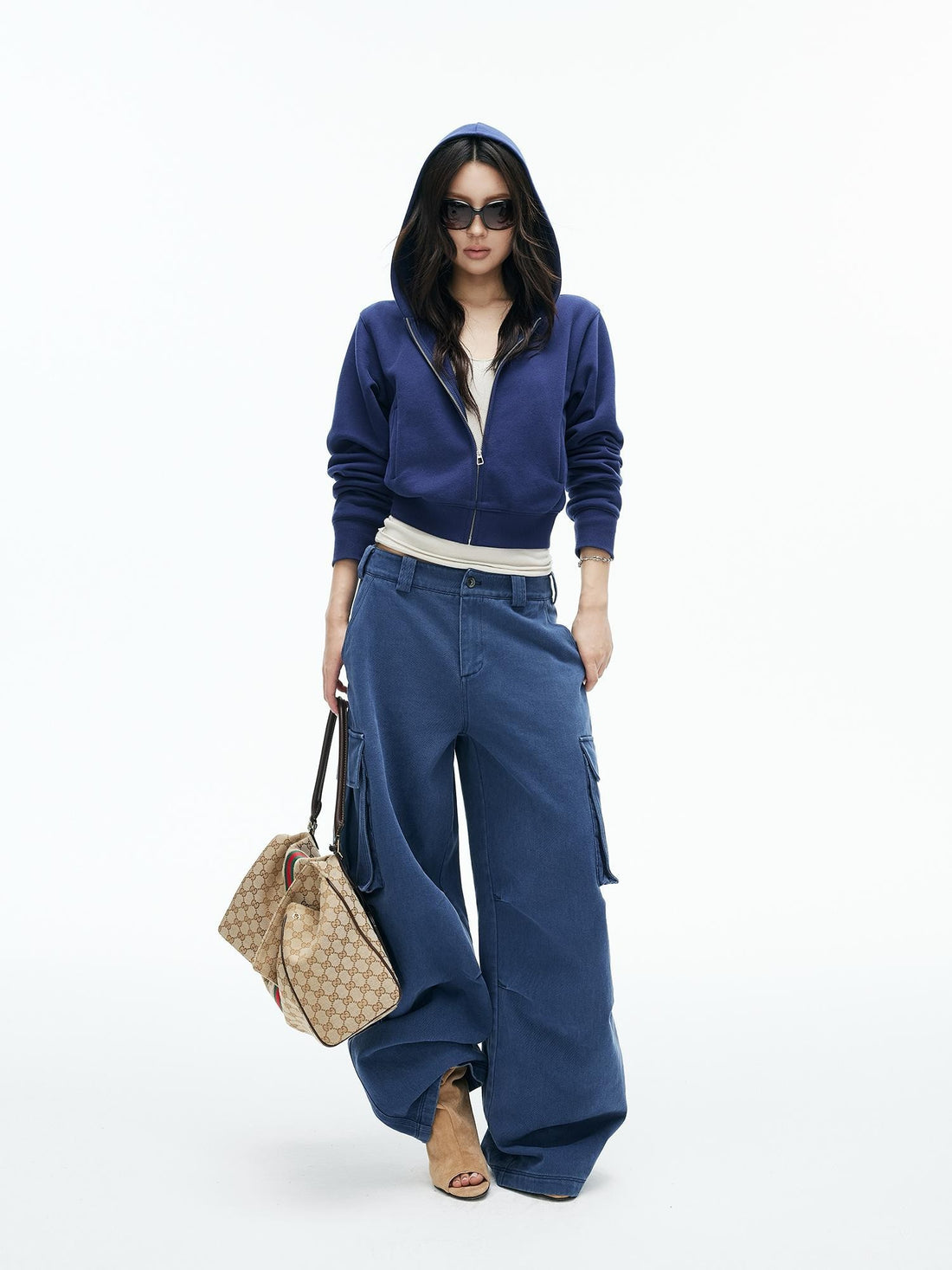 iamxiaa Prussian Blue Cropped Ribbed Hem Cotton Blend Women&