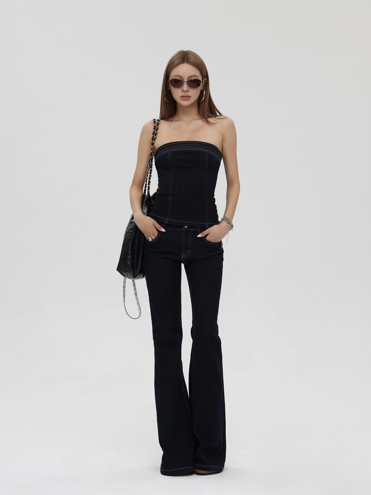 iamxiaa Raw Denim Colorblock Bustier Women&
