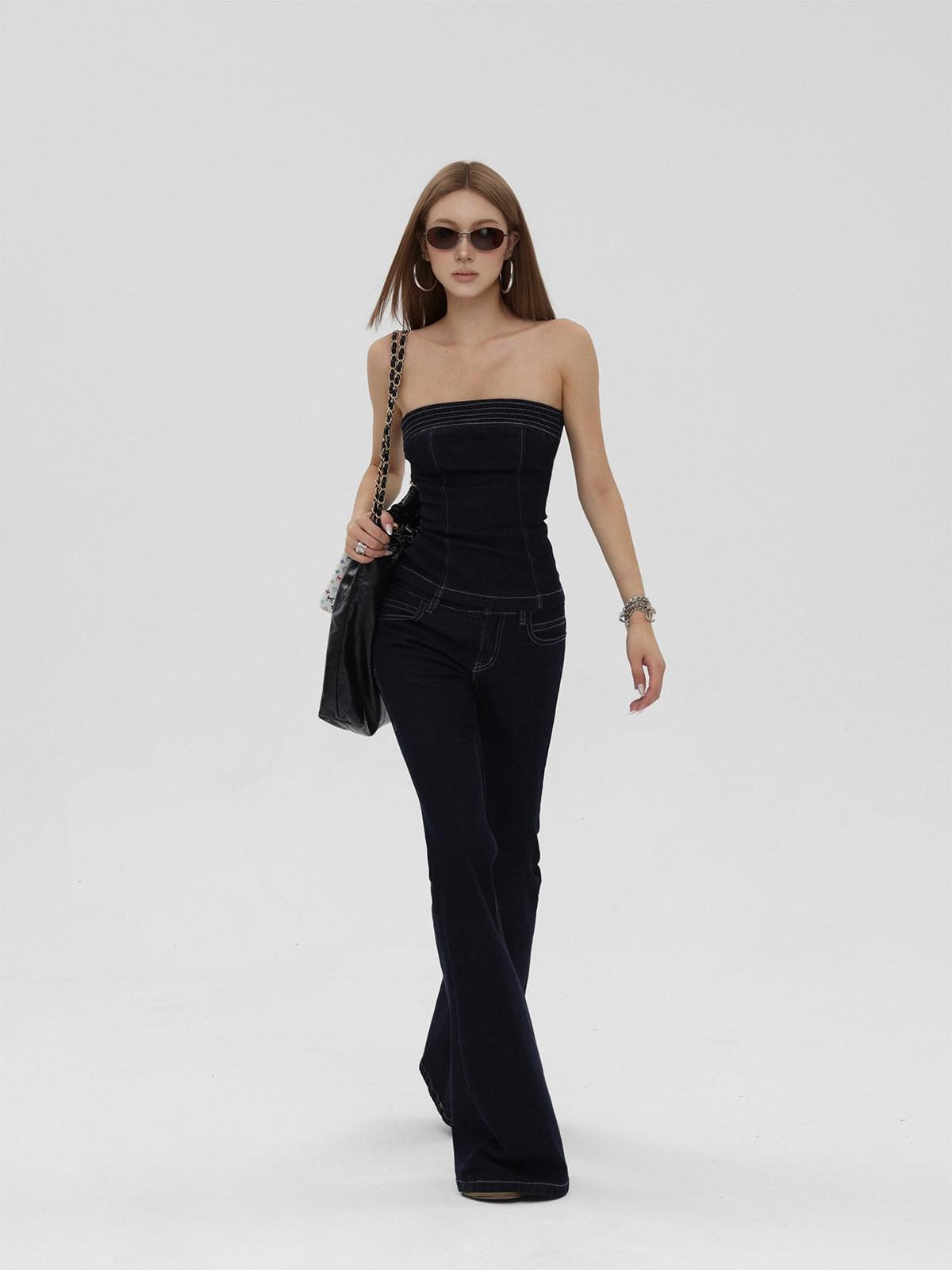 iamxiaa Raw Denim Colorblock Bustier Women&