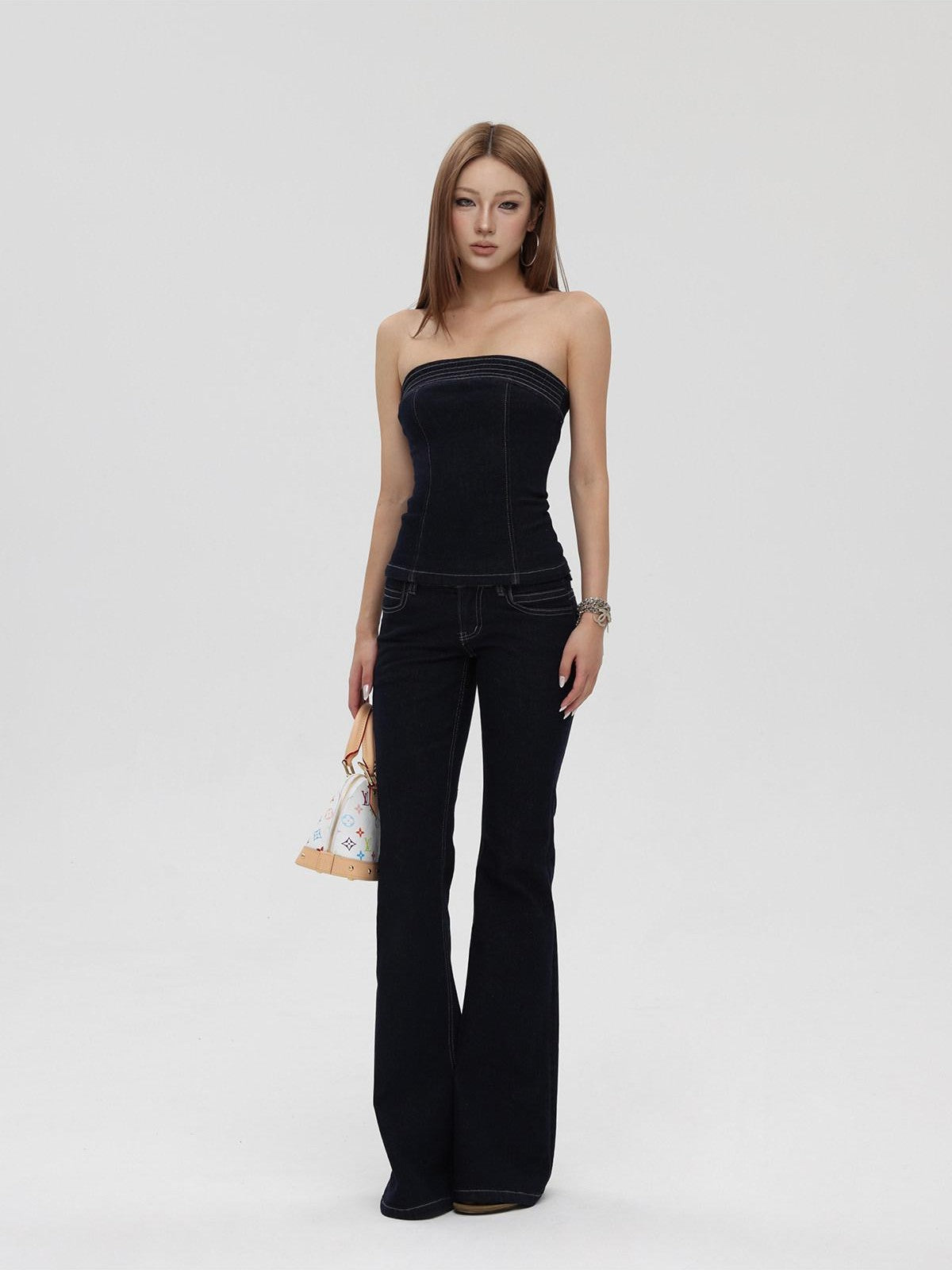 iamxiaa Raw Denim Colorblock Bustier Women&