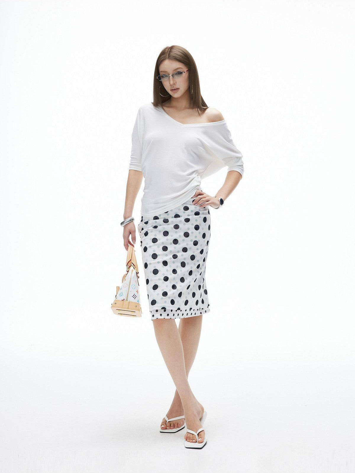 iamxiaa Relaxed V-neck Batwing Asymmetric Shoulder Women&