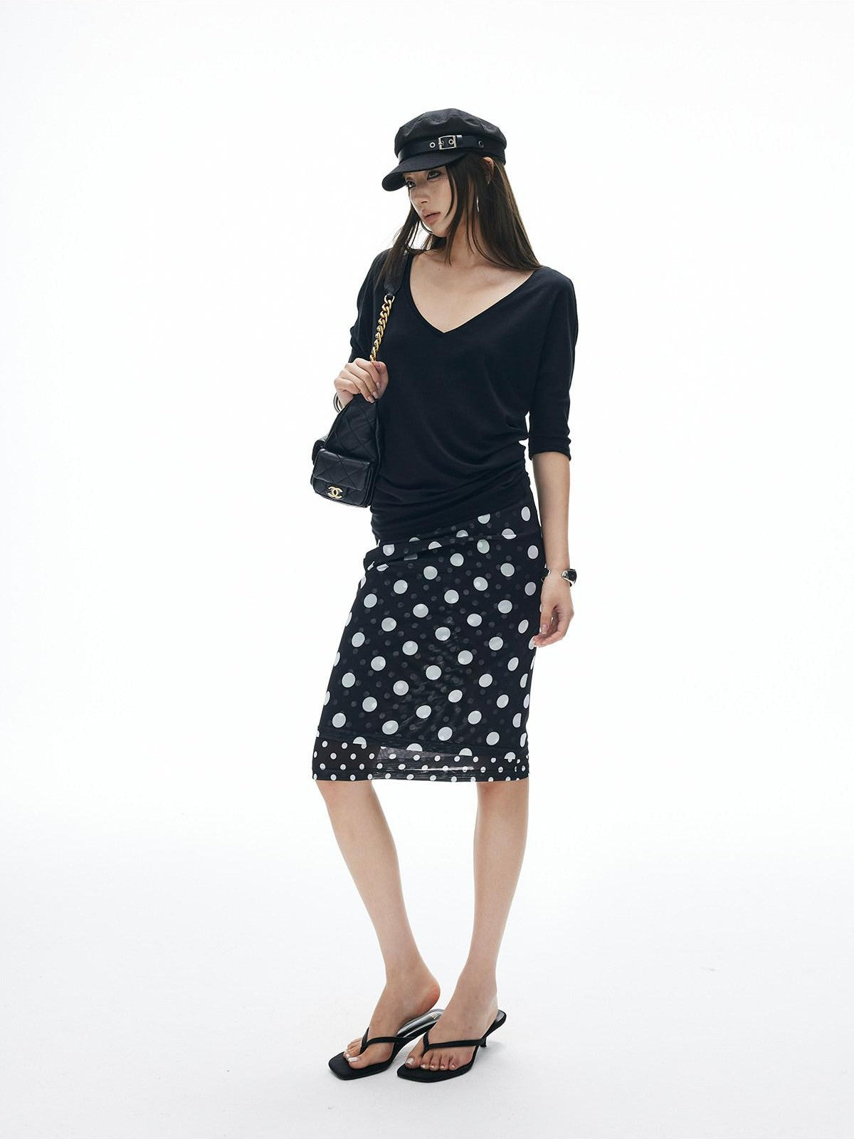 iamxiaa Relaxed V-neck Batwing Asymmetric Shoulder Women&