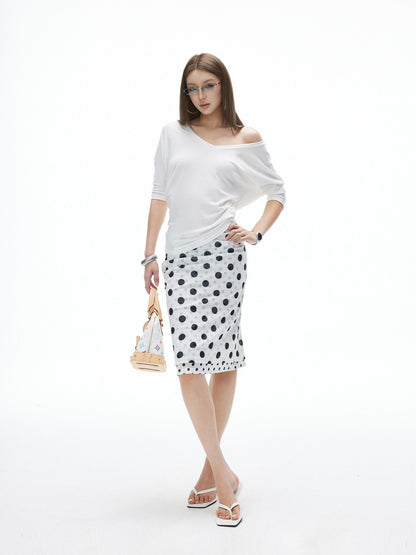 iamxiaa Relaxed V-neck Batwing Asymmetric Shoulder Women&
