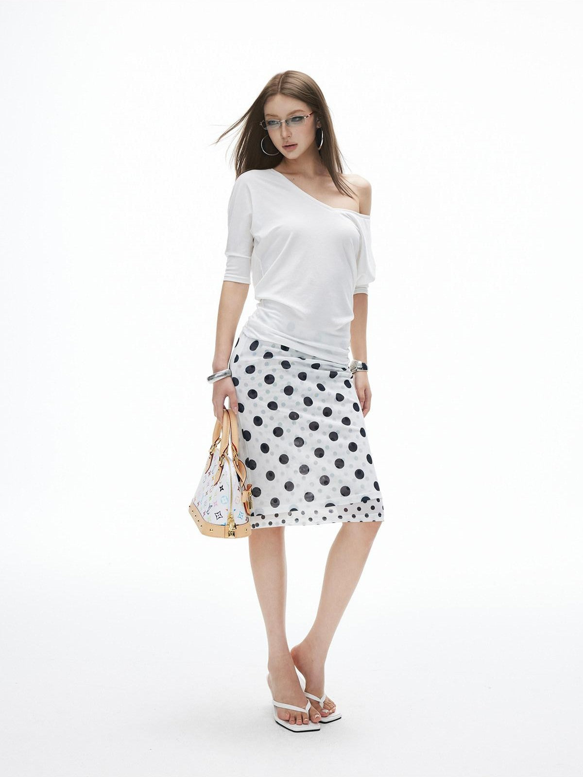 iamxiaa Relaxed V-neck Batwing Asymmetric Shoulder Women&