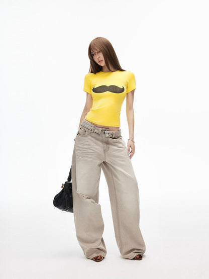 iamxiaa Retro Washed Gray Ripped Low Rise Women&