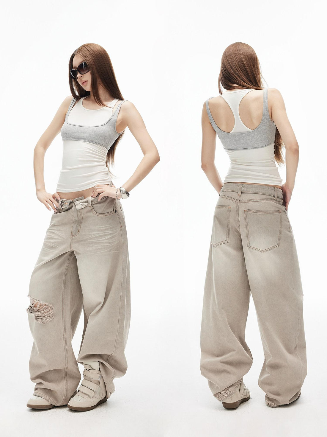 iamxiaa Retro Washed Gray Ripped Low Rise Women&