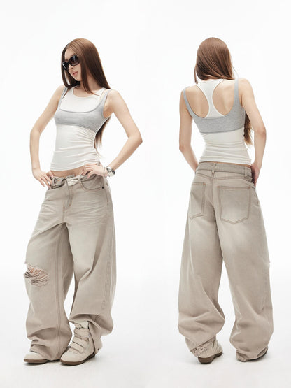 iamxiaa Retro Washed Gray Ripped Low Rise Women&
