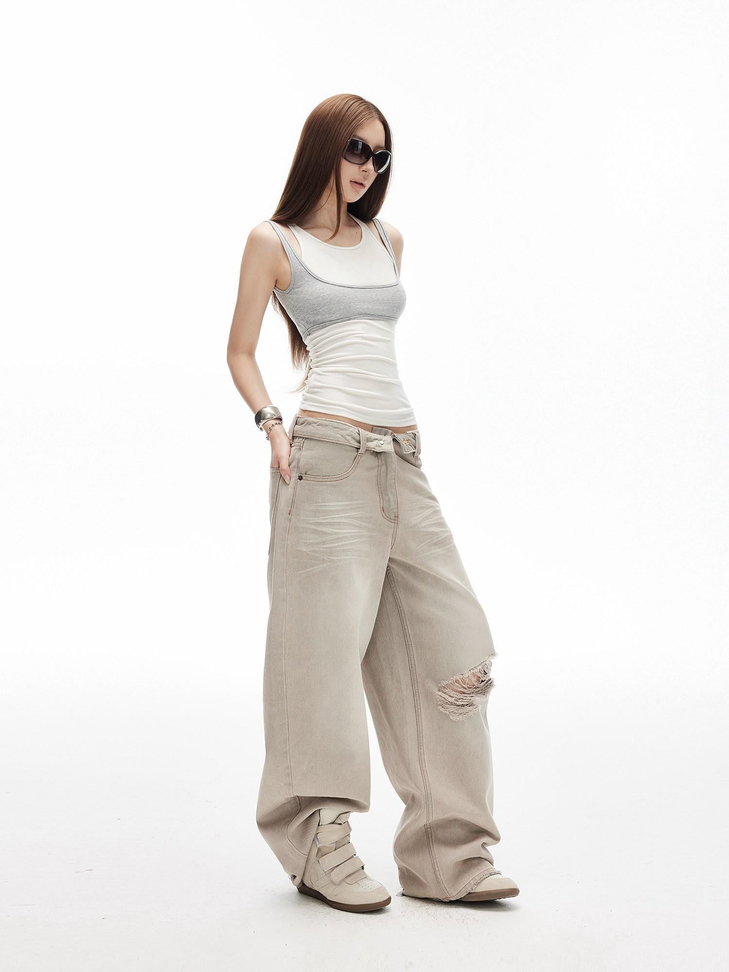 iamxiaa Retro Washed Gray Ripped Low Rise Women&