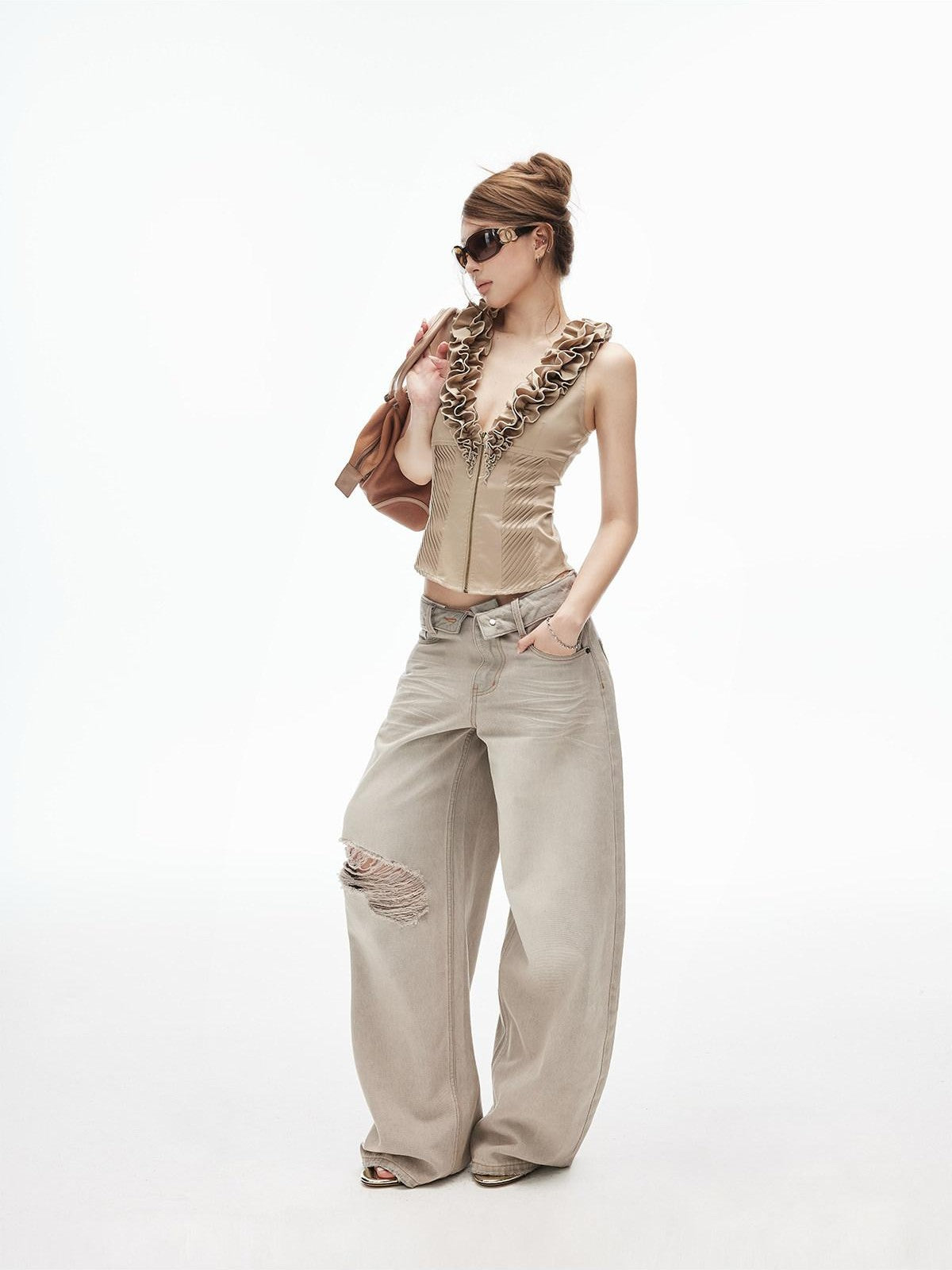 iamxiaa Retro Washed Gray Ripped Low Rise Women&