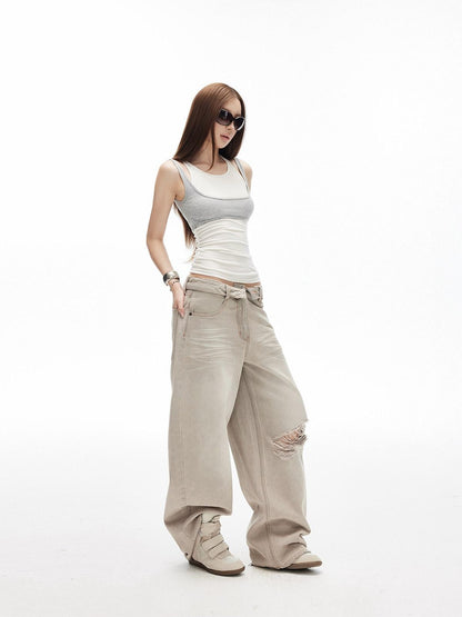 iamxiaa Retro Washed Gray Ripped Low Rise Women&