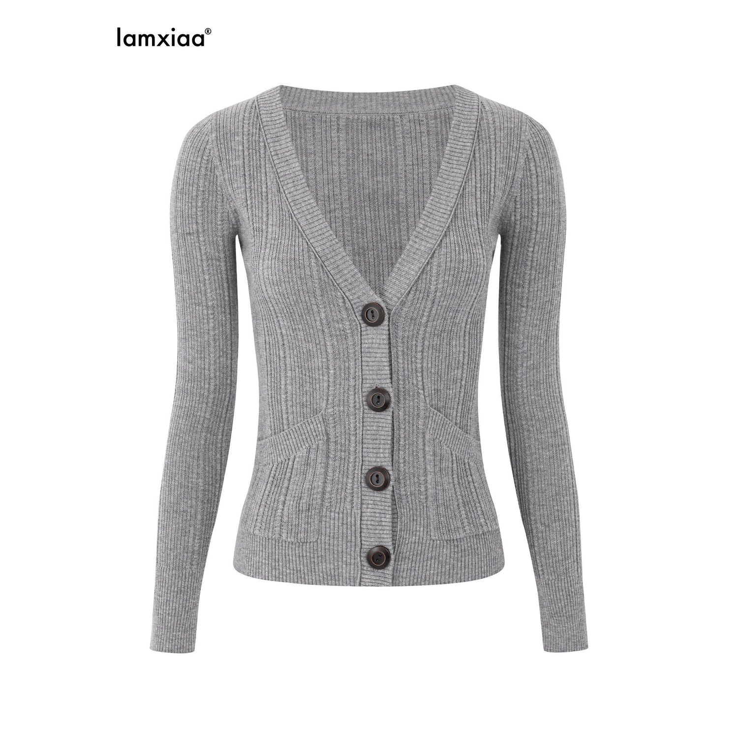 iamxiaa_Rib_Knit_V-neck_Vintage_Buttons_Double_Pocket_Slim_Women&