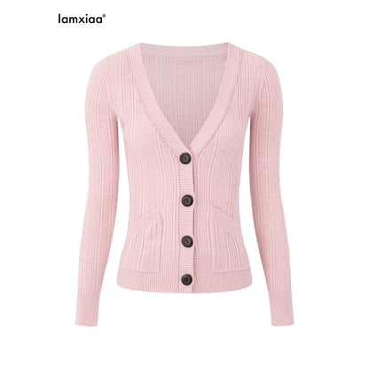 iamxiaa_Rib_Knit_V-neck_Vintage_Buttons_Double_Pocket_Slim_Women&