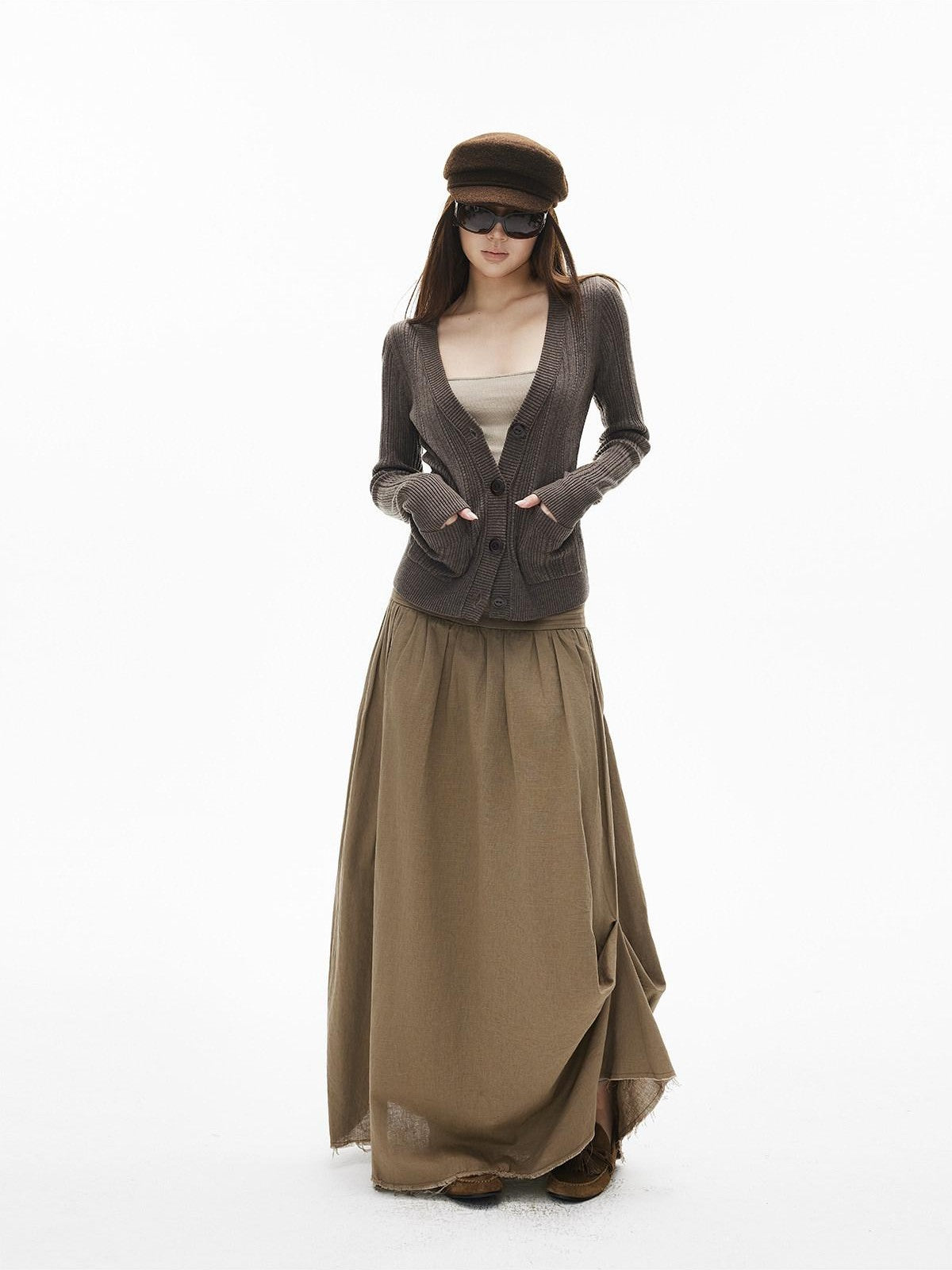 iamxiaa Rib Knit V-neck Vintage Buttons Double Pocket Slim Women&