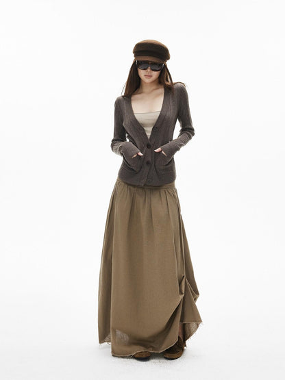 iamxiaa Rib Knit V-neck Vintage Buttons Double Pocket Slim Women&