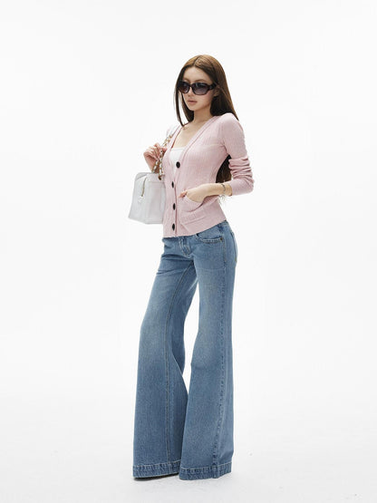 iamxiaa Rib Knit V-neck Vintage Buttons Double Pocket Slim Women&