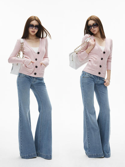 iamxiaa Rib Knit V-neck Vintage Buttons Double Pocket Slim Women&