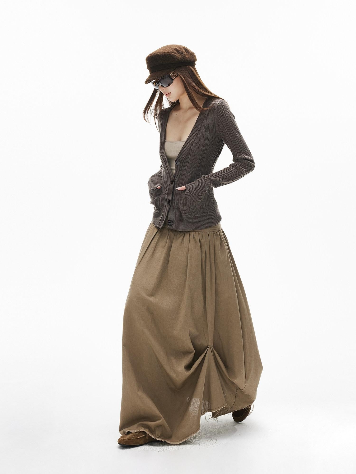 iamxiaa Rib Knit V-neck Vintage Buttons Double Pocket Slim Women&