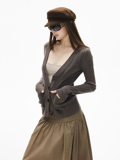iamxiaa Rib Knit V-neck Vintage Buttons Double Pocket Slim Women&