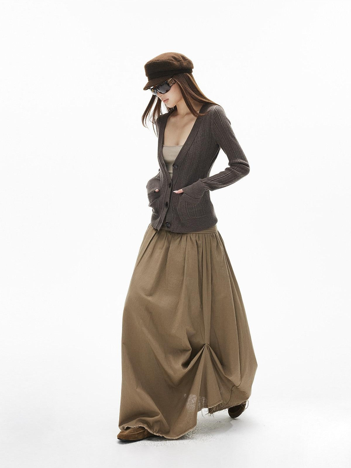 iamxiaa Rib Knit V-neck Vintage Buttons Double Pocket Slim Women&
