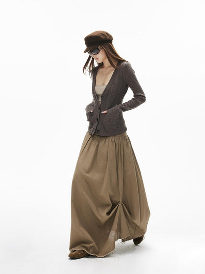 iamxiaa Rib Knit V-neck Vintage Buttons Double Pocket Slim Women&
