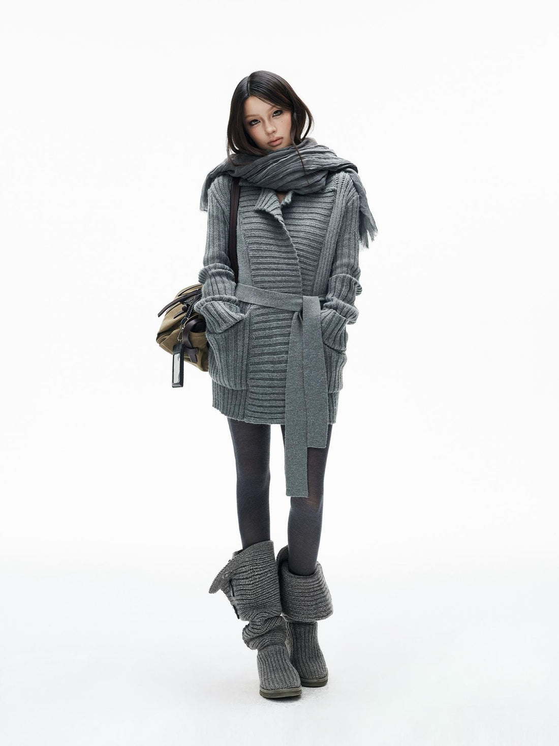 iamxiaa Ribbed Belted Open Front Long Sleeve Knit Women&
