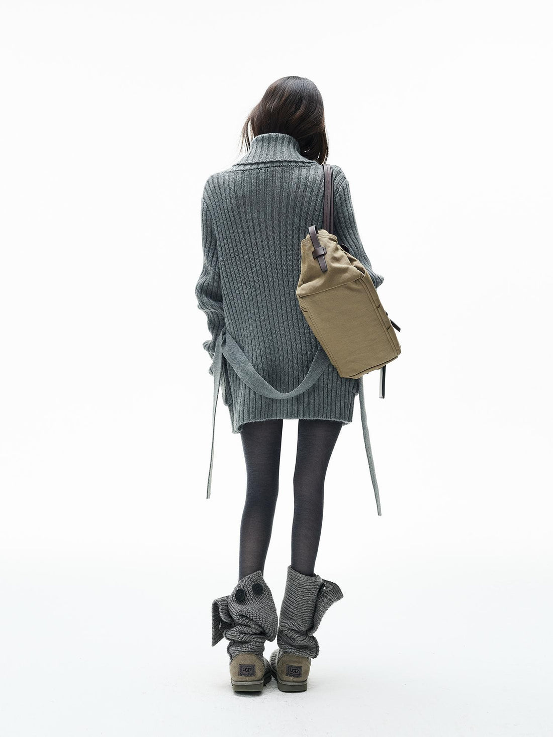 iamxiaa Ribbed Belted Open Front Long Sleeve Knit Women&