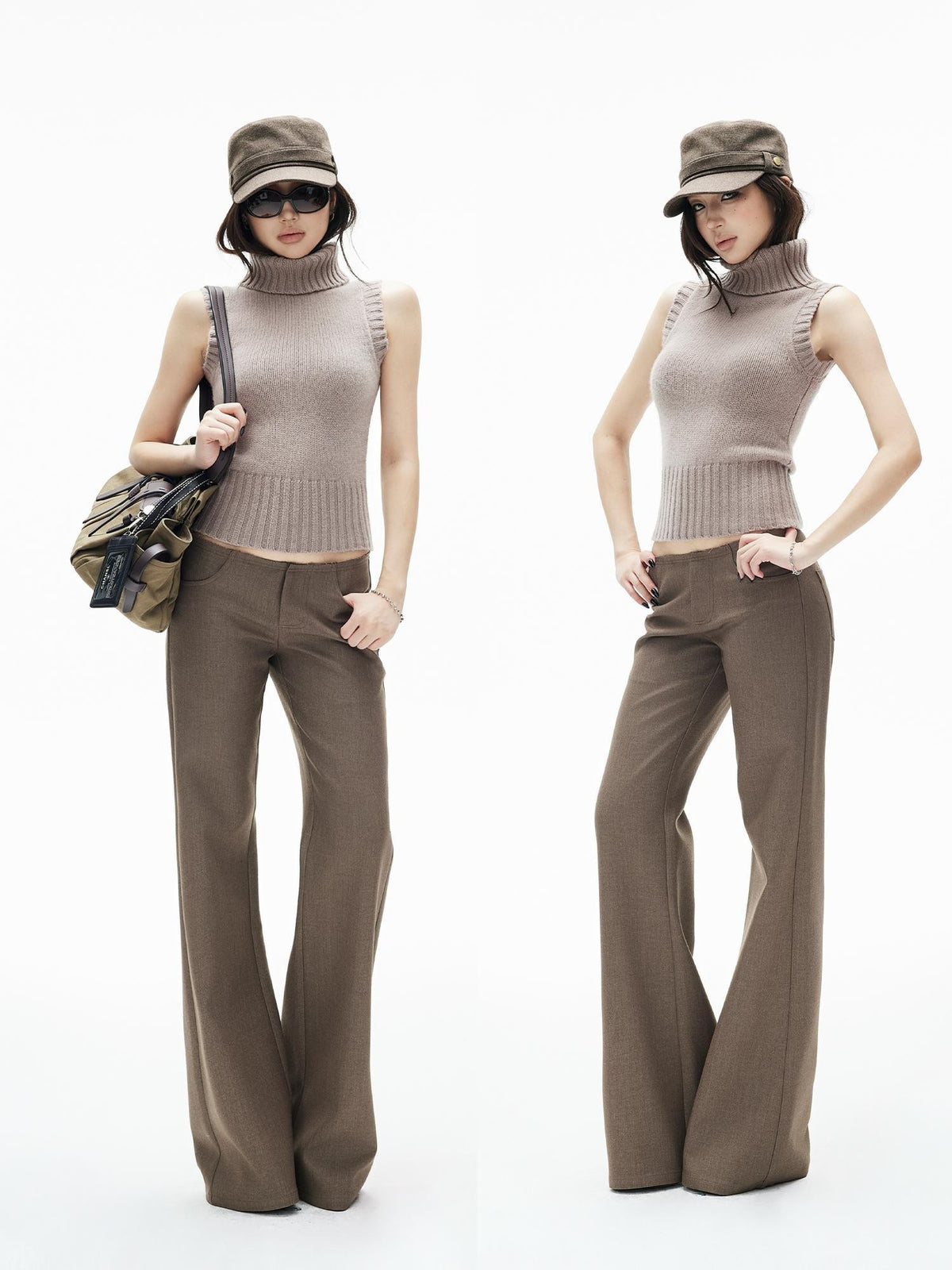 iamxiaa Ribbed Double Layer High Neck Fitted Knit Wool Women&