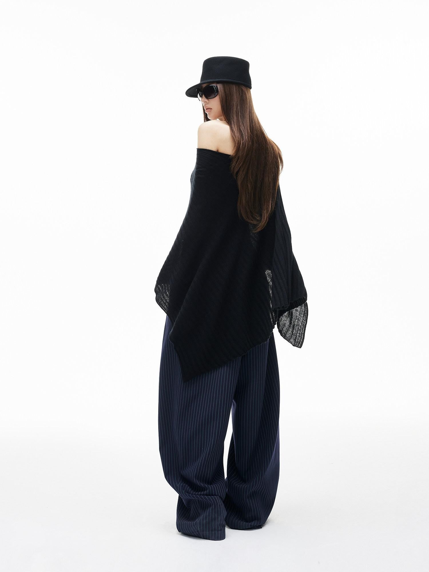 iamxiaa Ribbed Heavy Knit Asymmetrical Off Shoulder Women&