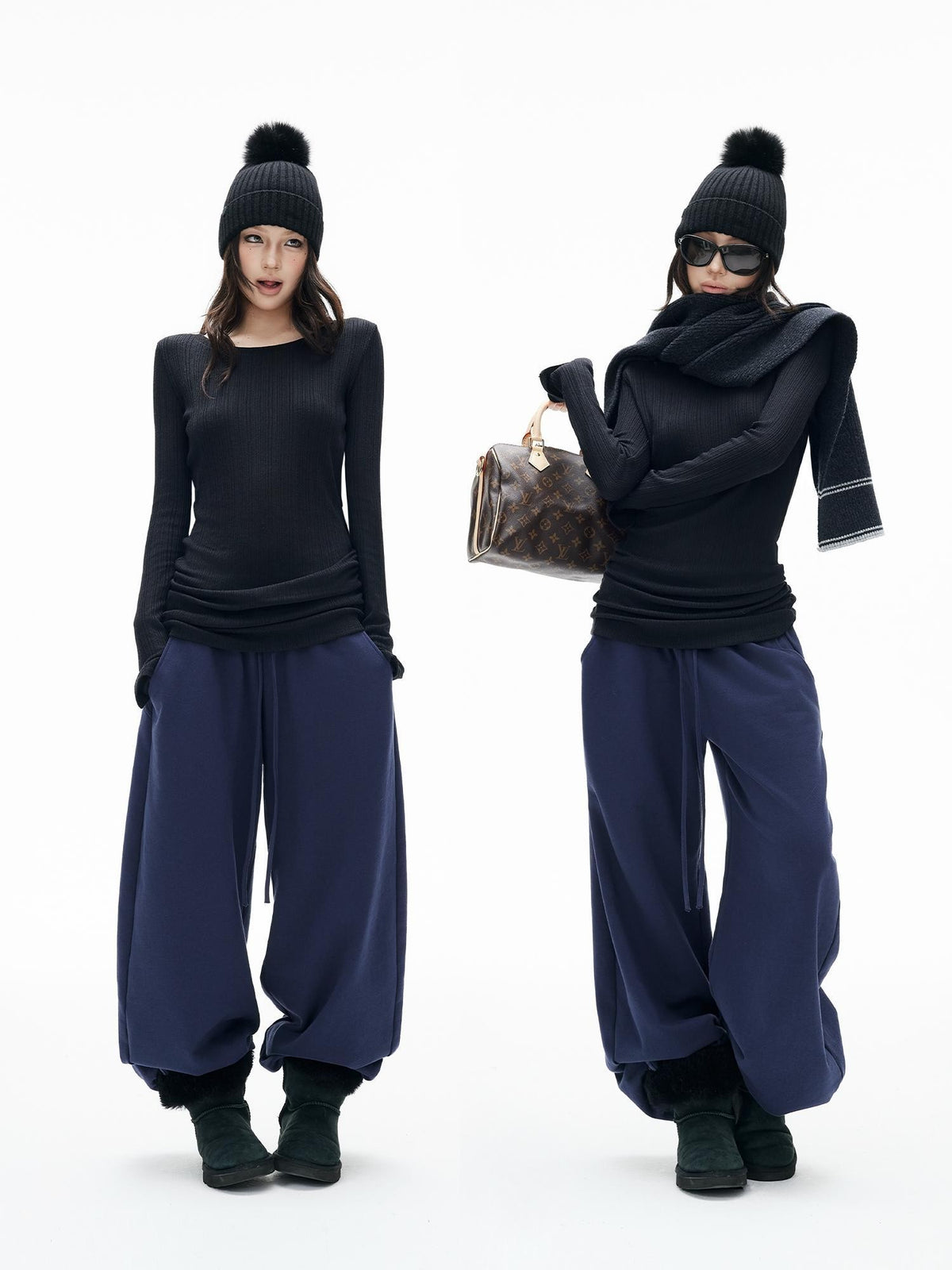 iamxiaa Ribbed Knit Ruched Sleeve Slim Fit Long Length Round Neck Women&