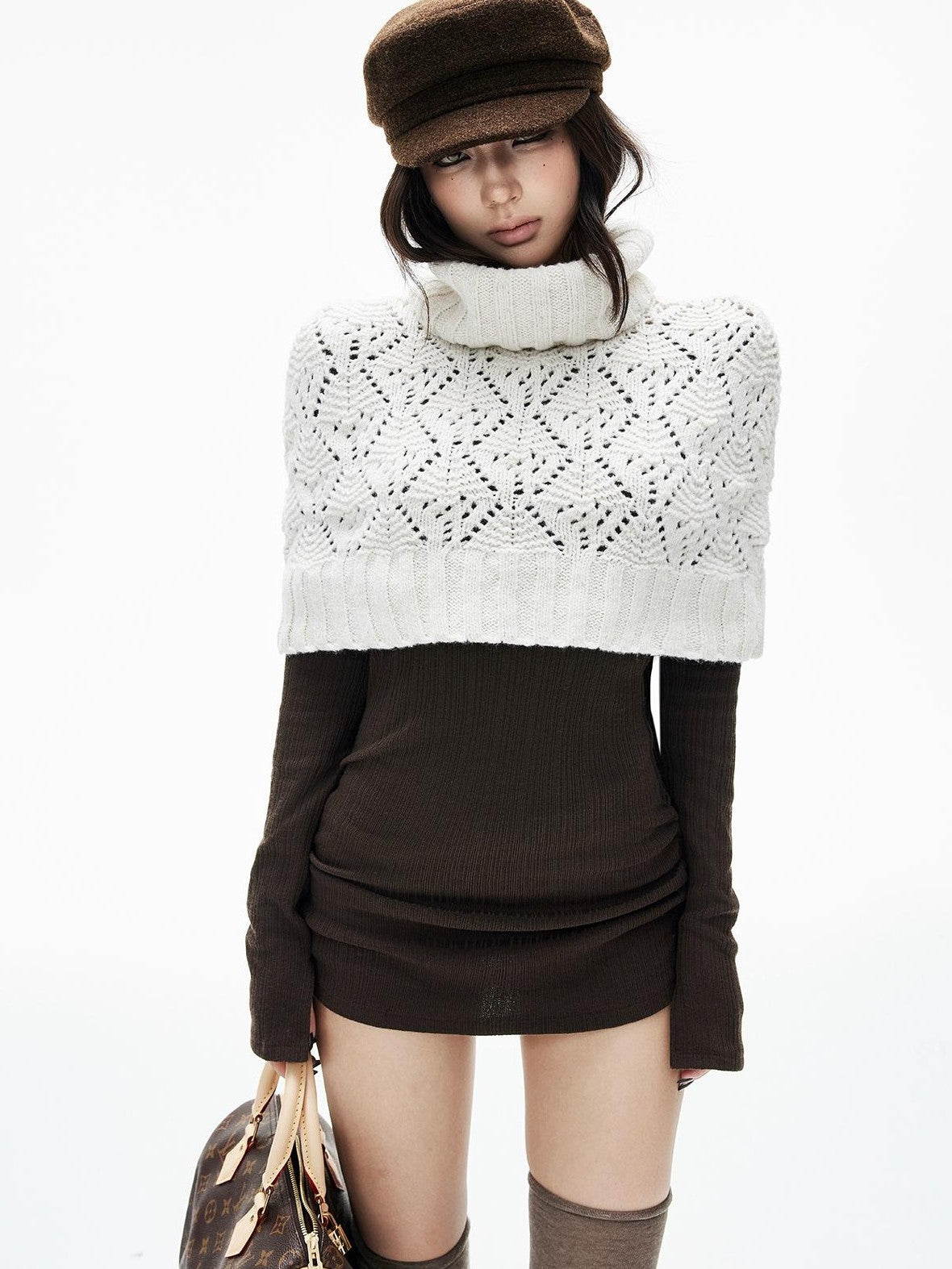 iamxiaa Ribbed Knit Ruched Sleeve Slim Fit Long Length Round Neck Women&