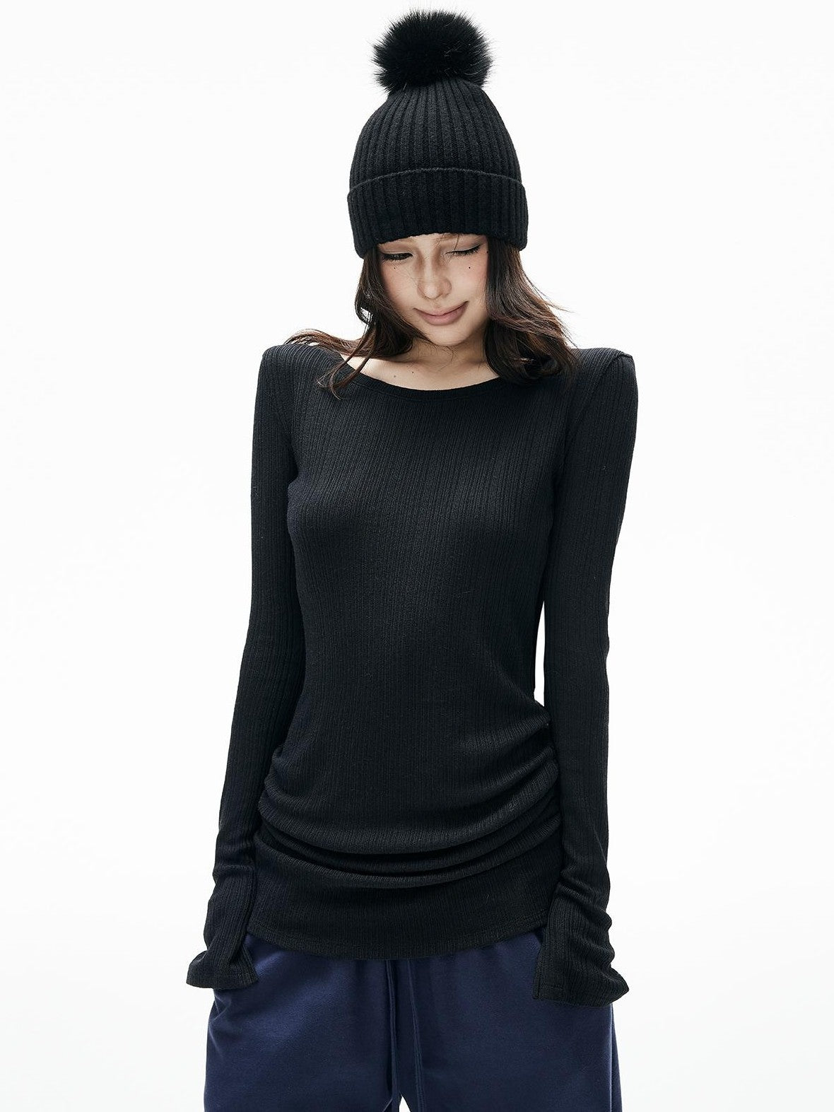 iamxiaa Ribbed Knit Ruched Sleeve Slim Fit Long Length Round Neck Women&