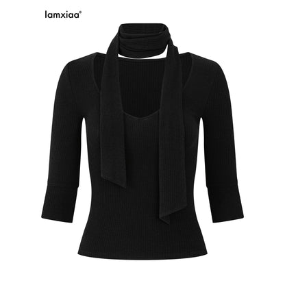 iamxiaa_Ribbed_Knit_Tie_Neck_V-neck_Women&