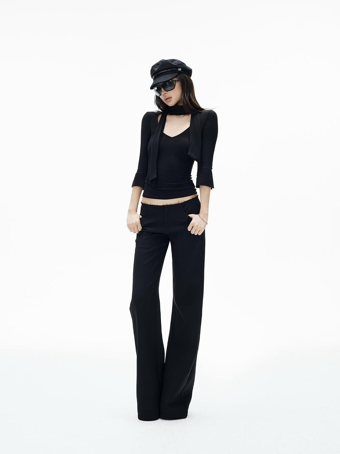 iamxiaa Ribbed Knit Tie Neck V-neck Women&