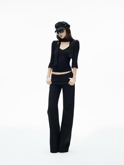 iamxiaa Ribbed Knit Tie Neck V-neck Women&